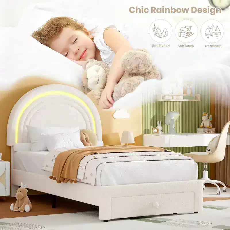Cadre de lit double pour enfants avec LED - Tête de lit arc-en-ciel + Revêtement en polaire berbère, Structure de plateforme style princesse, Incluant 1 tiroir de rangement