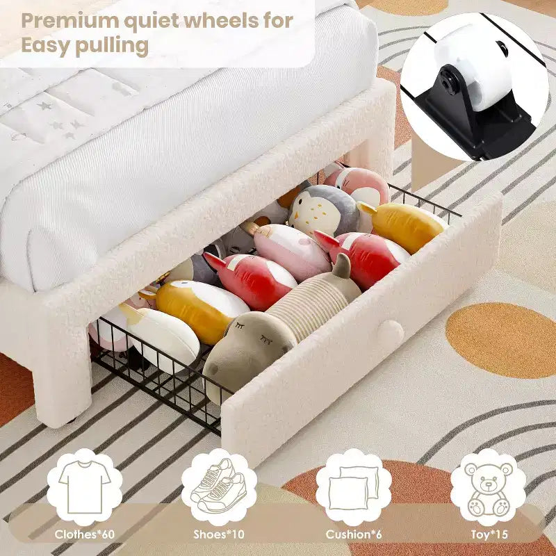Cadre de lit double pour enfants avec LED - Tête de lit arc-en-ciel + Revêtement en polaire berbère, Structure de plateforme style princesse, Incluant 1 tiroir de rangement