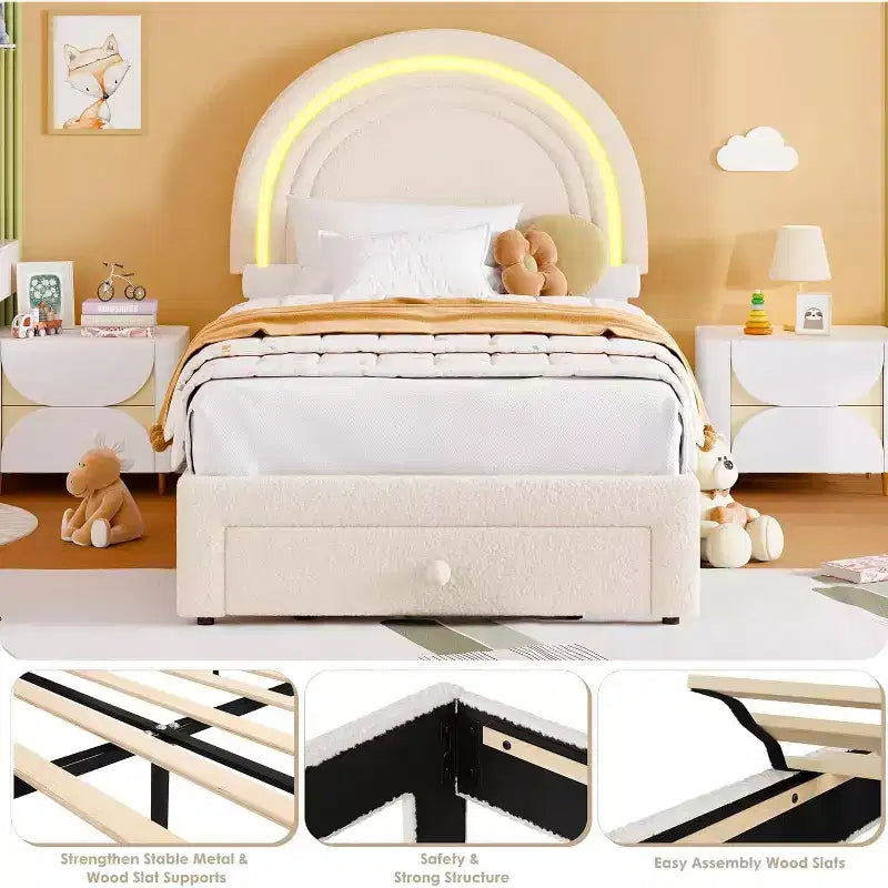 Cadre de lit double pour enfants avec LED - Tête de lit arc-en-ciel + Revêtement en polaire berbère, Structure de plateforme style princesse, Incluant 1 tiroir de rangement