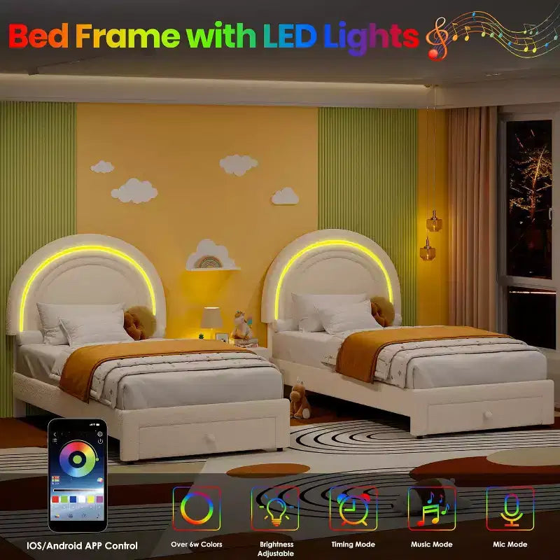 Cadre de lit double pour enfants avec LED - Tête de lit arc-en-ciel + Revêtement en polaire berbère, Structure de plateforme style princesse, Incluant 1 tiroir de rangement