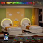 Cadre de lit double pour enfants avec LED - Tête de lit arc-en-ciel + Revêtement en polaire berbère, Structure de plateforme style princesse, Incluant 1 tiroir de rangement