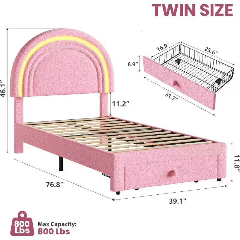 Cadre de lit double pour enfants avec LED - Tête de lit arc-en-ciel + Revêtement en polaire berbère, Structure de plateforme style princesse, Incluant 1 tiroir de rangement