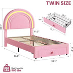 Cadre de lit double pour enfants avec LED - Tête de lit arc-en-ciel + Revêtement en polaire berbère, Structure de plateforme style princesse, Incluant 1 tiroir de rangement