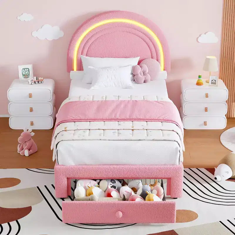 Cadre de lit double pour enfants avec LED - Tête de lit arc-en-ciel + Revêtement en polaire berbère, Structure de plateforme style princesse, Incluant 1 tiroir de rangement