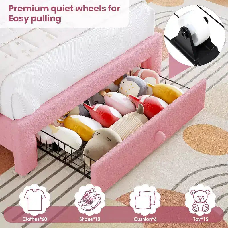 Cadre de lit double pour enfants avec LED - Tête de lit arc-en-ciel + Revêtement en polaire berbère, Structure de plateforme style princesse, Incluant 1 tiroir de rangement