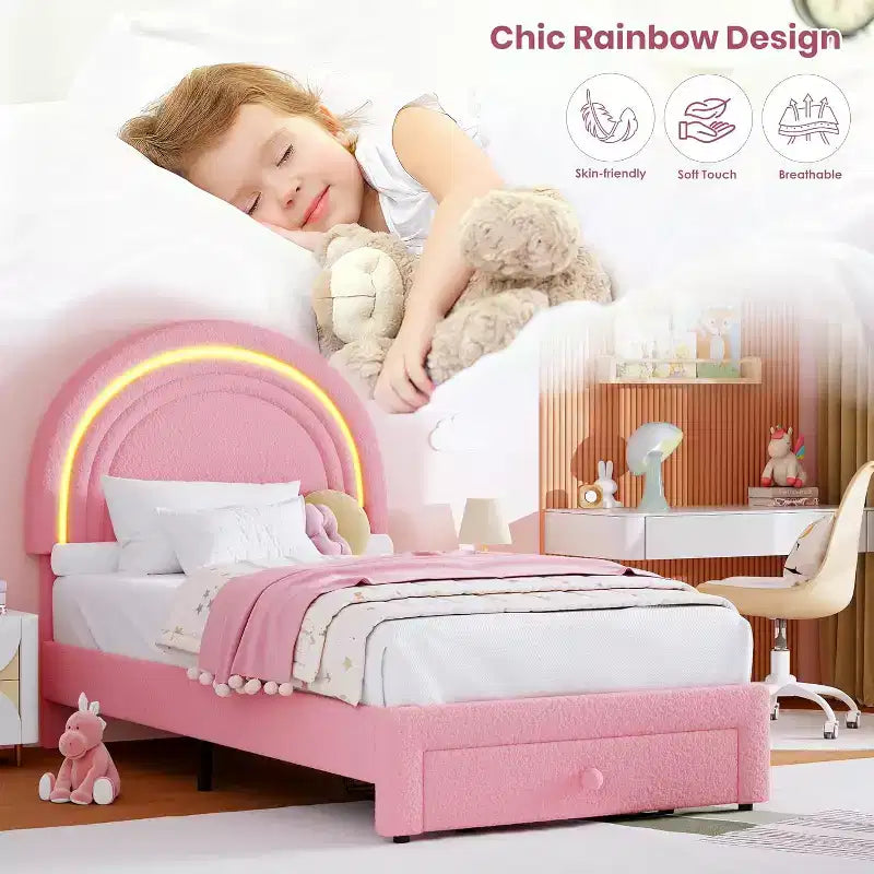 Cadre de lit double pour enfants avec LED - Tête de lit arc-en-ciel + Revêtement en polaire berbère, Structure de plateforme style princesse, Incluant 1 tiroir de rangement