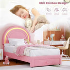 Cadre de lit double pour enfants avec LED - Tête de lit arc-en-ciel + Revêtement en polaire berbère, Structure de plateforme style princesse, Incluant 1 tiroir de rangement