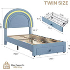 Cadre de lit double pour enfants avec LED - Tête de lit arc-en-ciel + Revêtement en polaire berbère, Structure de plateforme style princesse, Incluant 1 tiroir de rangement