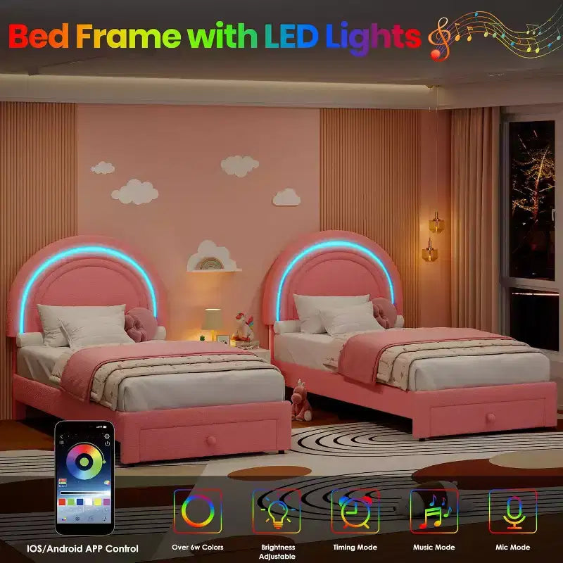 Cadre de lit double pour enfants avec LED - Tête de lit arc-en-ciel + Revêtement en polaire berbère, Structure de plateforme style princesse, Incluant 1 tiroir de rangement