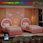 Cadre de lit double pour enfants avec LED - Tête de lit arc-en-ciel + Revêtement en polaire berbère, Structure de plateforme style princesse, Incluant 1 tiroir de rangement