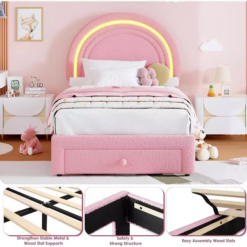 Cadre de lit double pour enfants avec LED - Tête de lit arc-en-ciel + Revêtement en polaire berbère, Structure de plateforme style princesse, Incluant 1 tiroir de rangement
