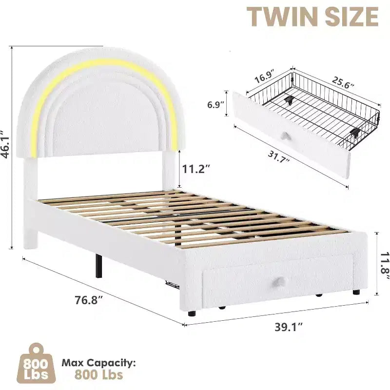 Cadre de lit double pour enfants avec LED - Tête de lit arc-en-ciel + Revêtement en polaire berbère, Structure de plateforme style princesse, Incluant 1 tiroir de rangement