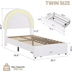 Cadre de lit double pour enfants avec LED - Tête de lit arc-en-ciel + Revêtement en polaire berbère, Structure de plateforme style princesse, Incluant 1 tiroir de rangement