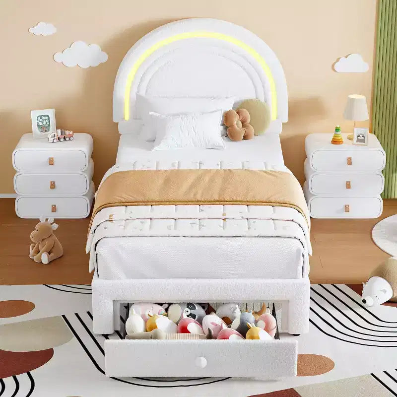Cadre de lit double pour enfants avec LED - Tête de lit arc-en-ciel + Revêtement en polaire berbère, Structure de plateforme style princesse, Incluant 1 tiroir de rangement