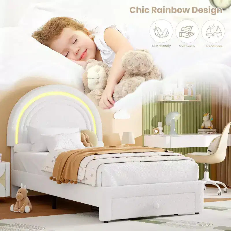 Cadre de lit double pour enfants avec LED - Tête de lit arc-en-ciel + Revêtement en polaire berbère, Structure de plateforme style princesse, Incluant 1 tiroir de rangement