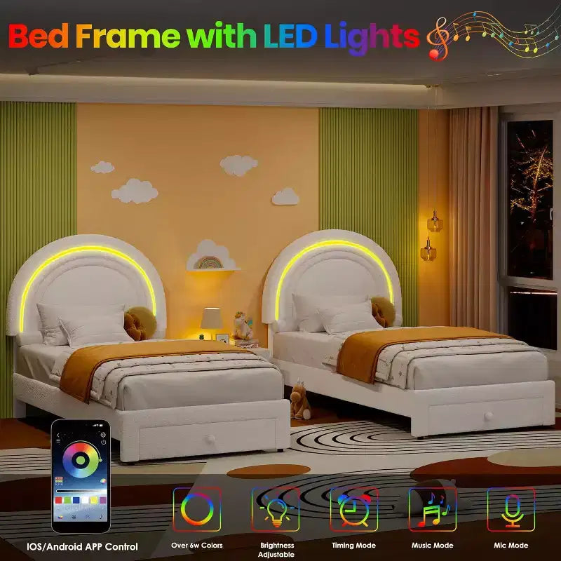 Cadre de lit double pour enfants avec LED - Tête de lit arc-en-ciel + Revêtement en polaire berbère, Structure de plateforme style princesse, Incluant 1 tiroir de rangement