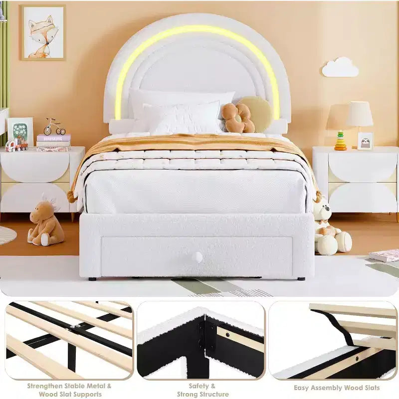 Cadre de lit double pour enfants avec LED - Tête de lit arc-en-ciel + Revêtement en polaire berbère, Structure de plateforme style princesse, Incluant 1 tiroir de rangement