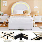 Cadre de lit double pour enfants avec LED - Tête de lit arc-en-ciel + Revêtement en polaire berbère, Structure de plateforme style princesse, Incluant 1 tiroir de rangement