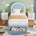Cadre de lit double pour enfants avec LED - Tête de lit arc-en-ciel + Revêtement en polaire berbère, Structure de plateforme style princesse, Incluant 1 tiroir de rangement