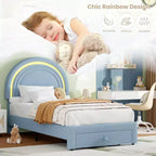 Cadre de lit double pour enfants avec LED - Tête de lit arc-en-ciel + Revêtement en polaire berbère, Structure de plateforme style princesse, Incluant 1 tiroir de rangement
