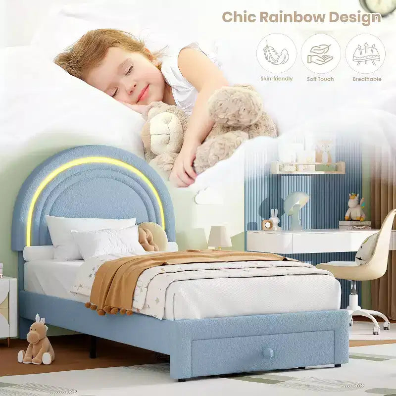 Cadre de lit double pour enfants avec LED - Tête de lit arc-en-ciel + Revêtement en polaire berbère, Structure de plateforme style princesse, Incluant 1 tiroir de rangement