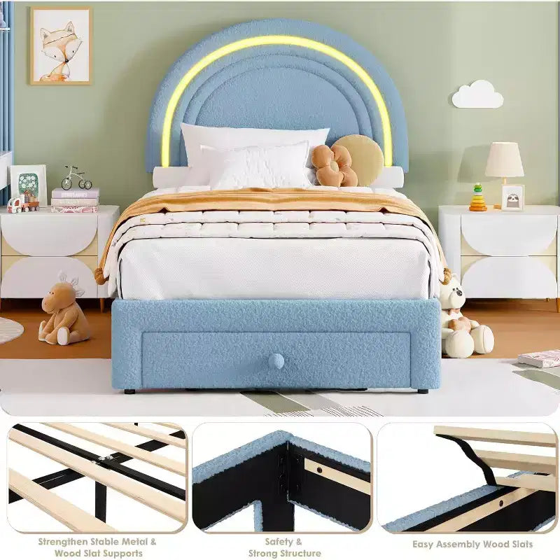 Cadre de lit double pour enfants avec LED - Tête de lit arc-en-ciel + Revêtement en polaire berbère, Structure de plateforme style princesse, Incluant 1 tiroir de rangement