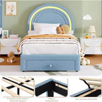 Cadre de lit double pour enfants avec LED - Tête de lit arc-en-ciel + Revêtement en polaire berbère, Structure de plateforme style princesse, Incluant 1 tiroir de rangement