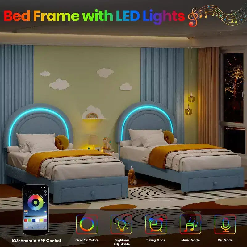 Cadre de lit double pour enfants avec LED - Tête de lit arc-en-ciel + Revêtement en polaire berbère, Structure de plateforme style princesse, Incluant 1 tiroir de rangement