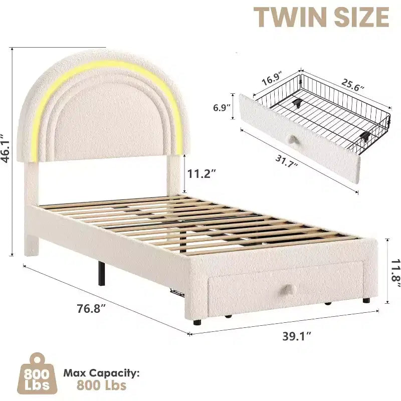Cadre de lit double pour enfants avec LED - Tête de lit arc-en-ciel + Revêtement en polaire berbère, Structure de plateforme style princesse, Incluant 1 tiroir de rangement