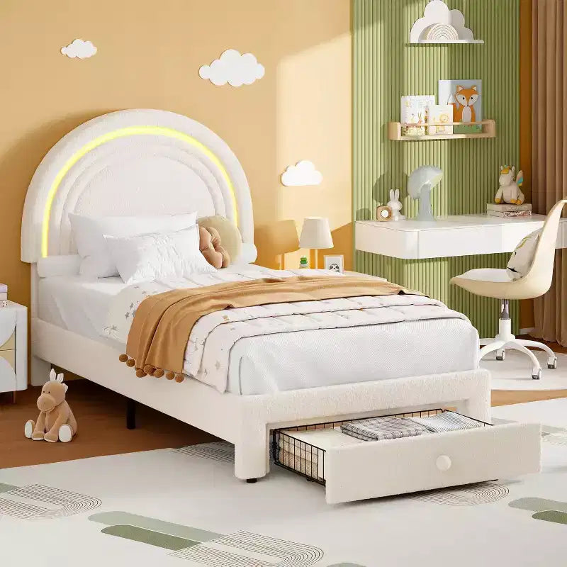 Cadre de lit double pour enfants avec LED - Tête de lit arc-en-ciel + Revêtement en polaire berbère, Structure de plateforme style princesse, Incluant 1 tiroir de rangement