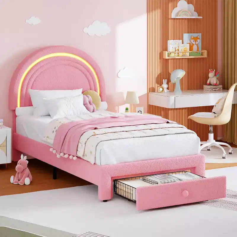 Cadre de lit double pour enfants avec LED - Tête de lit arc-en-ciel + Revêtement en polaire berbère, Structure de plateforme style princesse, Incluant 1 tiroir de rangement