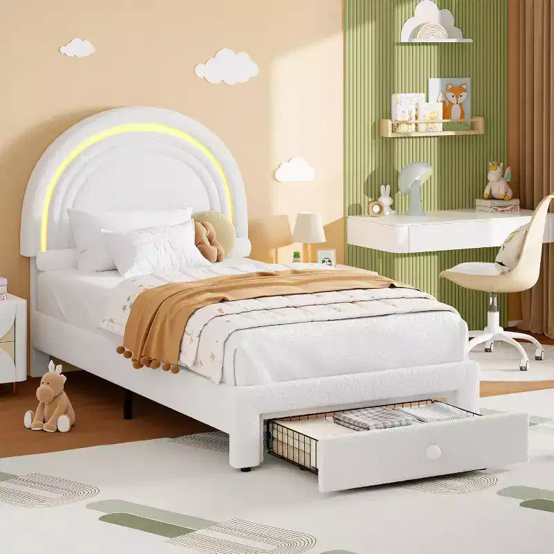 Cadre de lit double pour enfants avec LED - Tête de lit arc-en-ciel + Revêtement en polaire berbère, Structure de plateforme style princesse, Incluant 1 tiroir de rangement