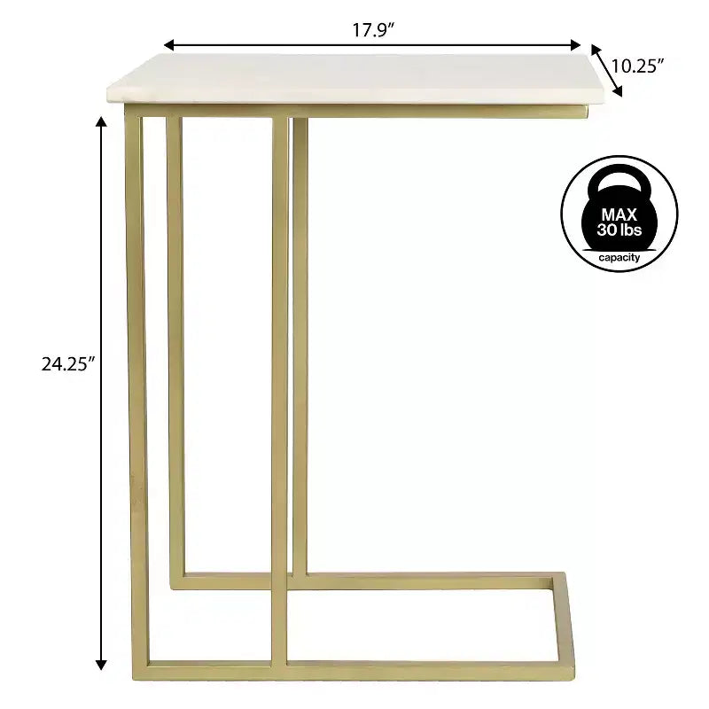 24.25 Table d'appoint et de canapé en forme de C en métal industriel de designer avec plateau en marbre blanc