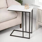 24.25 Table d'appoint et de canapé en forme de C en métal industriel de designer avec plateau en marbre blanc