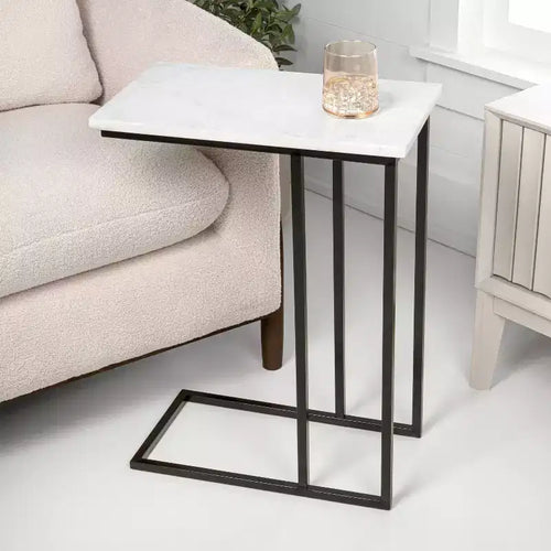 24.25 Table d'appoint et de canapé en forme de C en métal industriel de designer avec plateau en marbre blanc