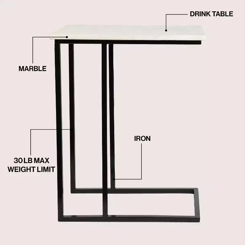 24.25 Table d'appoint et de canapé en forme de C en métal industriel de designer avec plateau en marbre blanc
