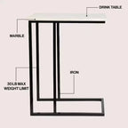 24.25 Table d'appoint et de canapé en forme de C en métal industriel de designer avec plateau en marbre blanc