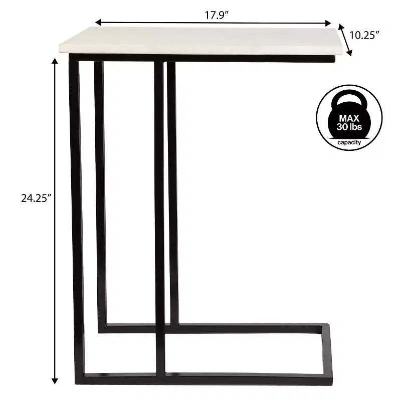 24.25 Table d'appoint et de canapé en forme de C en métal industriel de designer avec plateau en marbre blanc