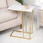 24.25 Table d'appoint et de canapé en forme de C en métal industriel de designer avec plateau en marbre blanc