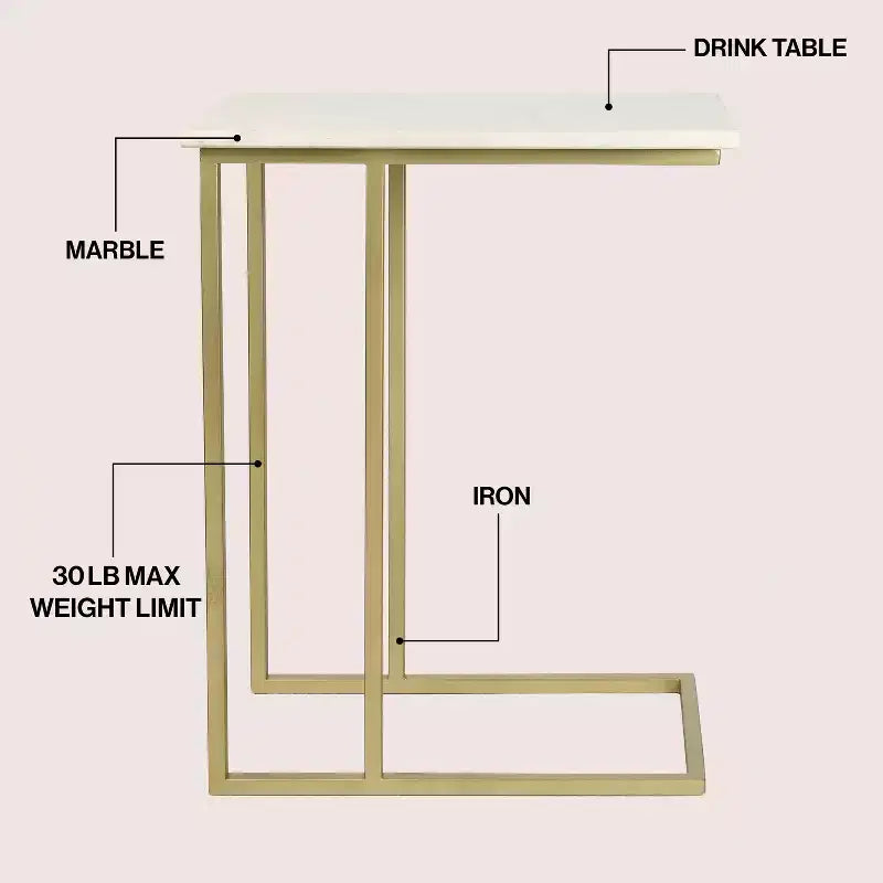 24.25 Table d'appoint et de canapé en forme de C en métal industriel de designer avec plateau en marbre blanc