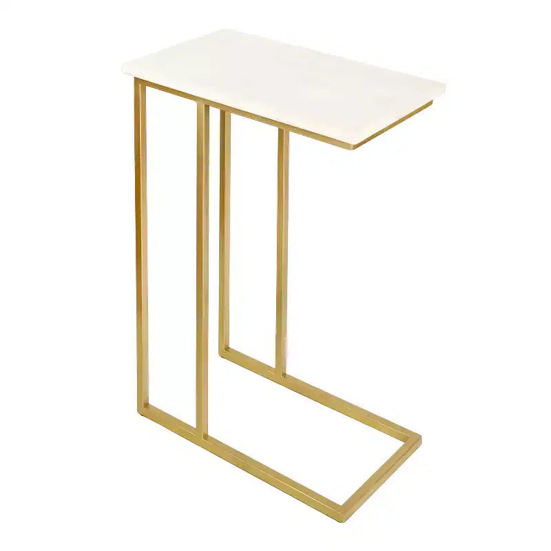 24.25 Table d'appoint et de canapé en forme de C en métal industriel de designer avec plateau en marbre blanc