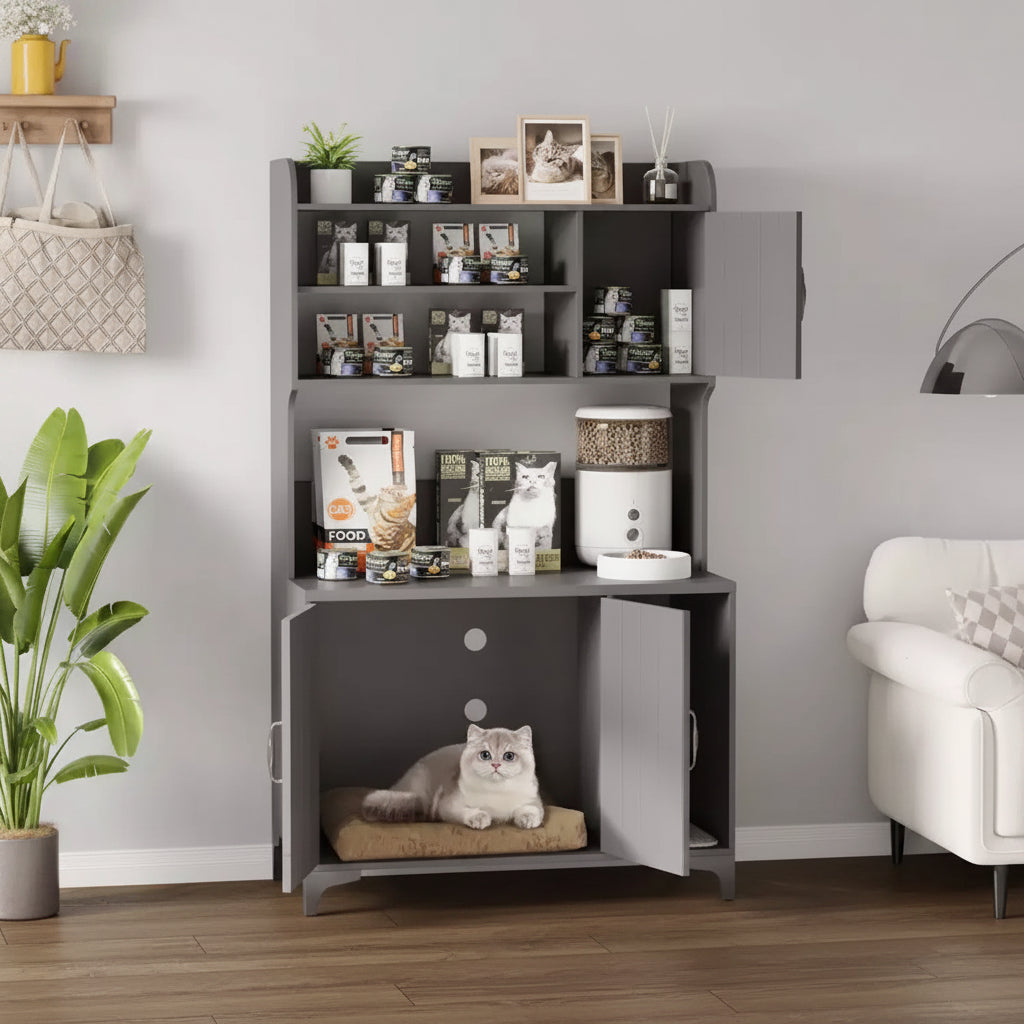 Meuble cache-litière pour chat avec étagère de rangement, meuble cache-litière moderne en bois avec étagères de rangement, idéal pour chats d'intérieur
