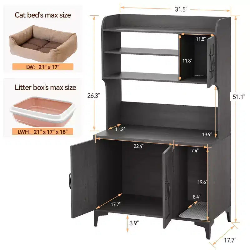 Meuble cache-litière pour chat avec étagère de rangement, meuble cache-litière moderne en bois avec étagères de rangement, idéal pour chats d'intérieur