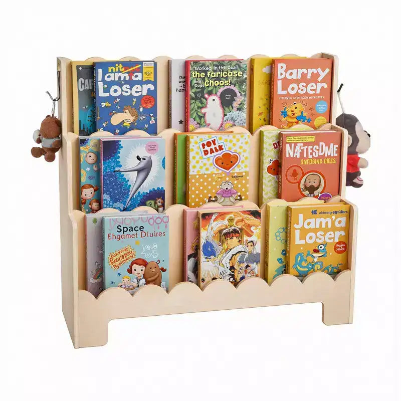 VEVOR Montessori Bookshelf, 3-Tier Scalloped Kids Bookshelf, Front Facing Toddler Bookcase, Dual Hooks for Hanging Backpacks, Baby Bookshelf ,Brown