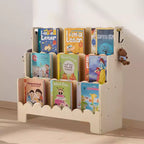 Étagère Montessori, étagère à livres pour enfants à 3 niveaux festonnés, bibliothèque frontale pour tout-petits, deux crochets pour suspendre des sacs à dos, étagère à livres pour bébé, marron