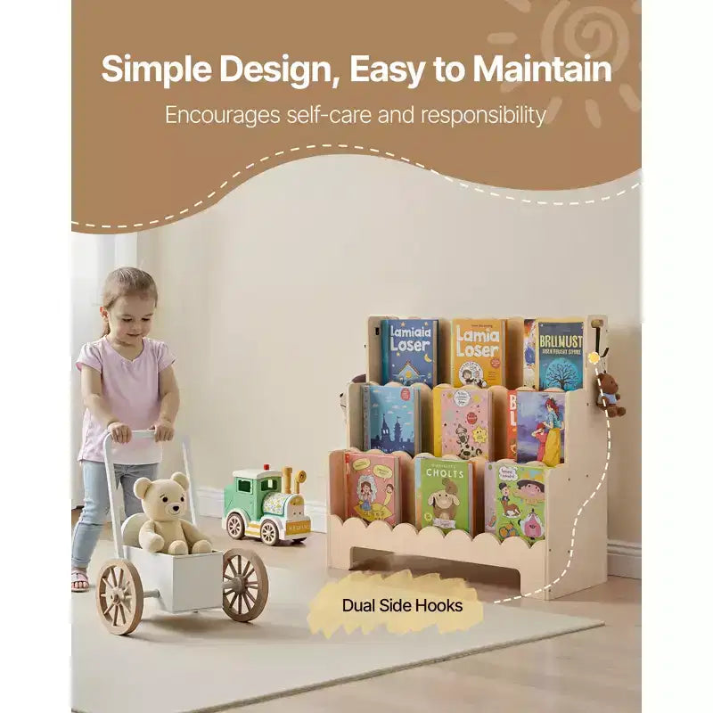 Étagère Montessori, étagère à livres pour enfants à 3 niveaux festonnés, bibliothèque frontale pour tout-petits, deux crochets pour suspendre des sacs à dos, étagère à livres pour bébé, marron