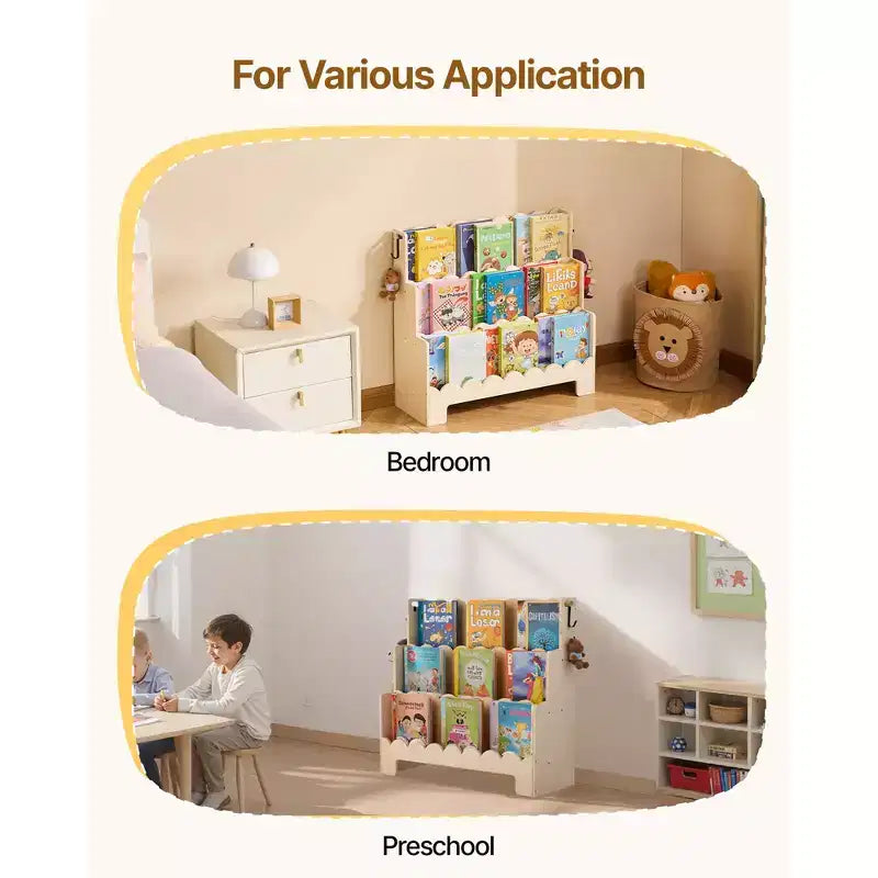 Étagère Montessori, étagère à livres pour enfants à 3 niveaux festonnés, bibliothèque frontale pour tout-petits, deux crochets pour suspendre des sacs à dos, étagère à livres pour bébé, marron