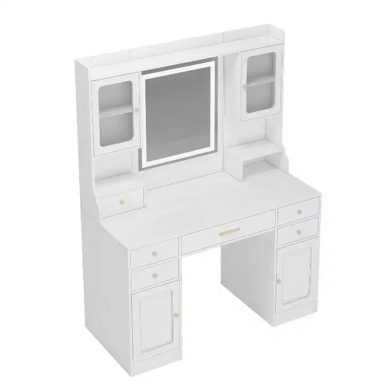 Coiffeuse avec miroir, 6 tiroirs et étagères, Blanc
