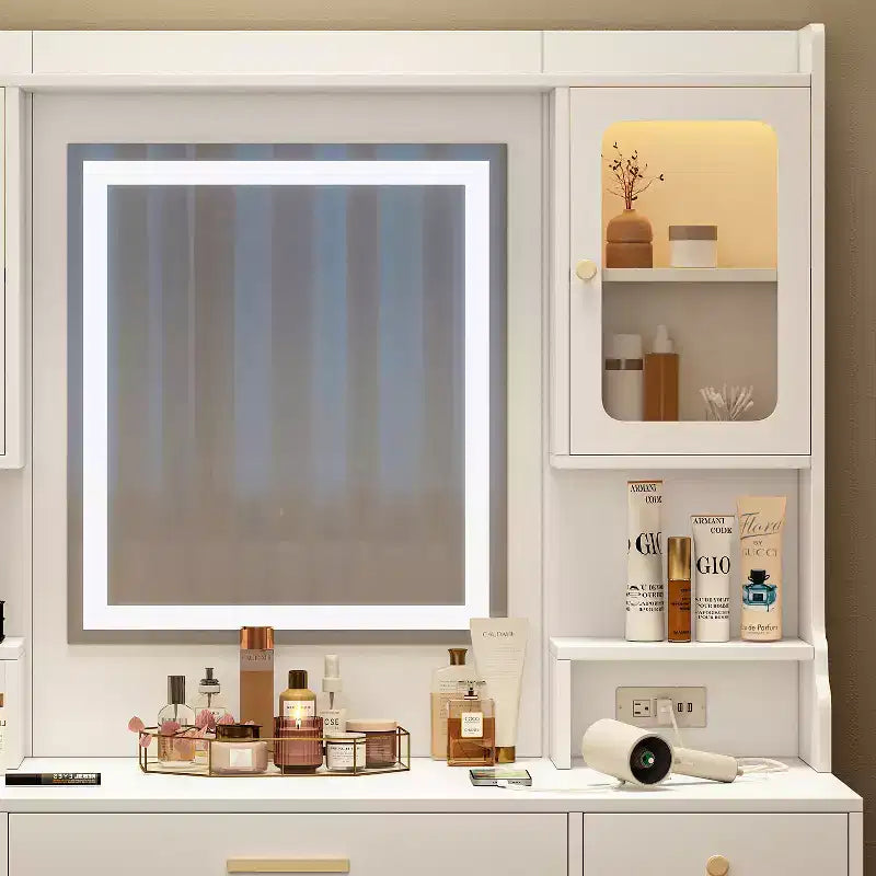 Coiffeuse avec miroir, 6 tiroirs et étagères, Blanc