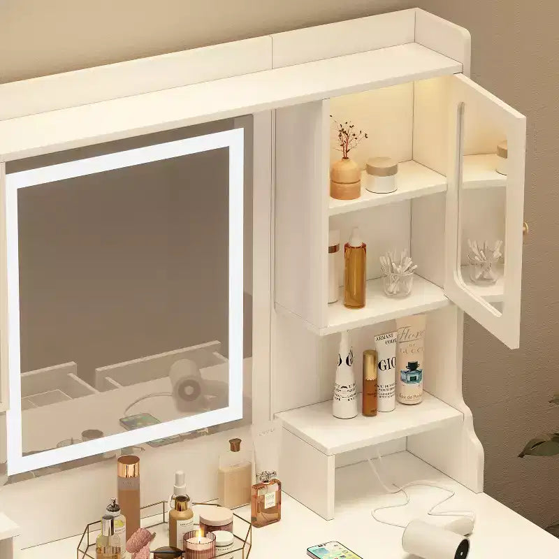 Coiffeuse avec miroir, 6 tiroirs et étagères, Blanc